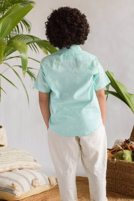 Shop Littleens Blue Cotton Embroidery Shirt at Aza Fashions Shop_Littleens_Blue Cotton Embroidery Shirt _at_Aza_Fashions