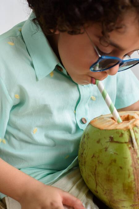 Shop Littleens Blue Cotton Embroidery Shirt Online at Aza Fashions Shop_Littleens_Blue Cotton Embroidery Shirt _Online_at_Aza_Fashions