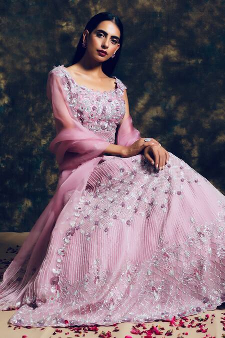 Niamh By Kriti Pink Silk Organza Pearl Work, Sequin Work, Floral Embroidered Bridal Lehenga Set Online at Aza Fashions Niamh By Kriti_Pink Silk Organza Pearl Work, Sequin Work, Floral Embroidered Bridal Lehenga Set _Online_at_Aza_Fashions
