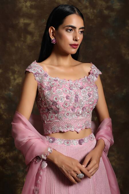 Buy Niamh By Kriti Pink Silk Organza Pearl Work, Sequin Work, Floral Embroidered Bridal Lehenga Set Online at Aza Fashions Buy_Niamh By Kriti_Pink Silk Organza Pearl Work, Sequin Work, Floral Embroidered Bridal Lehenga Set _Online_at_Aza_Fashions