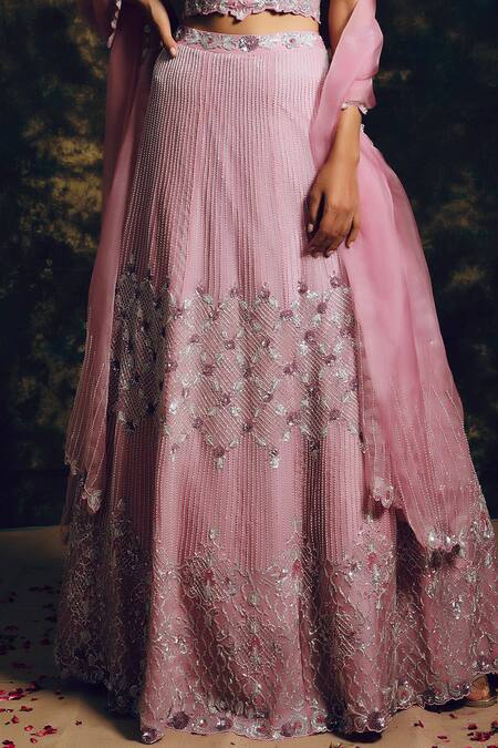 Shop Niamh By Kriti Pink Silk Organza Pearl Work, Sequin Work, Floral Embroidered Bridal Lehenga Set Online at Aza Fashions Shop_Niamh By Kriti_Pink Silk Organza Pearl Work, Sequin Work, Floral Embroidered Bridal Lehenga Set _Online_at_Aza_Fashions
