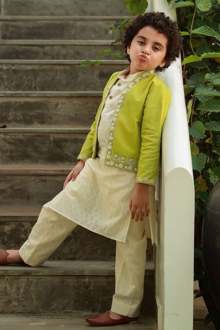 Littleens_White Satin, Cotton Embroidery Raabta Jacket And Kurta Set _Online_at_Aza_Fashions