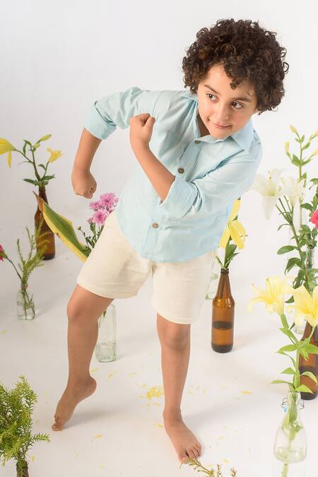 Buy_Littleens_Blue Handloom , Organic Shirt _Online_at_Aza_Fashions