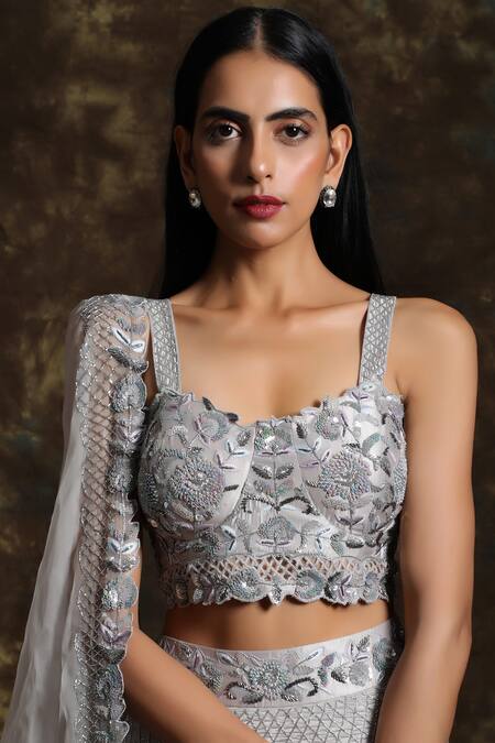 Buy_Niamh By Kriti_Silver Dupion , Organza Cutdana Work, Embroidered Bridal Lehenga Set _Online_at_Aza_Fashions