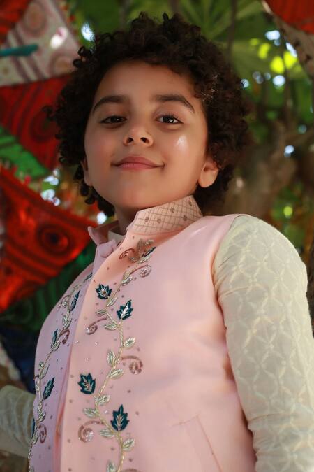 Shop_Littleens_Pink Velvet, Cotton Embroidery Bundi And Kurta Set _Online_at_Aza_Fashions