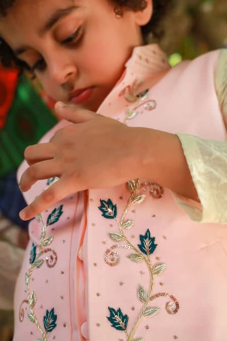 Littleens_Pink Velvet, Cotton Embroidery Bundi And Kurta Set _at_Aza_Fashions