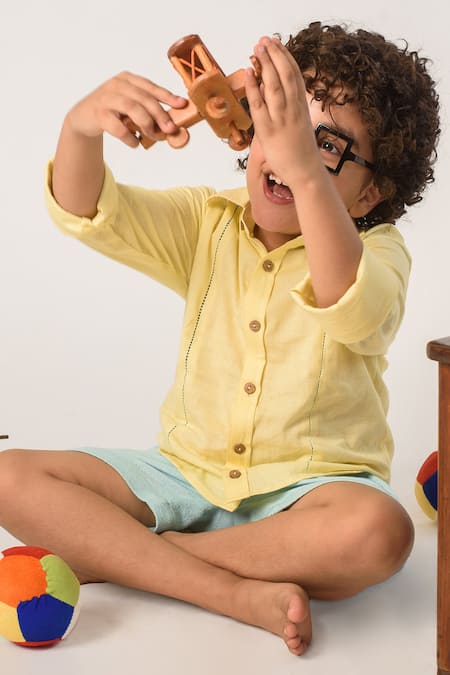 Shop Littleens Yellow Cotton Organic Shirt at Aza Fashions Shop_Littleens_Yellow Cotton Organic Shirt _at_Aza_Fashions