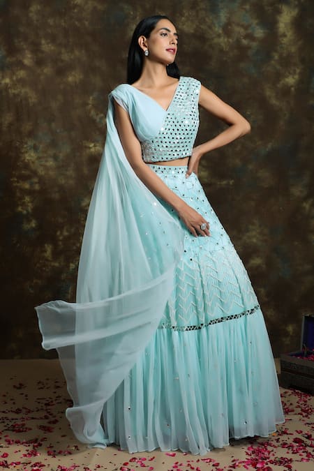 Niamh By Kriti_Blue Net, Georgette Mirror Work, Sequins V Neck Lehenga And Draped Choli Set _Online_at_Aza_Fashions