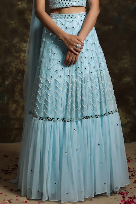 Shop_Niamh By Kriti_Blue Net, Georgette Mirror Work, Sequins V Neck Lehenga And Draped Choli Set _Online_at_Aza_Fashions