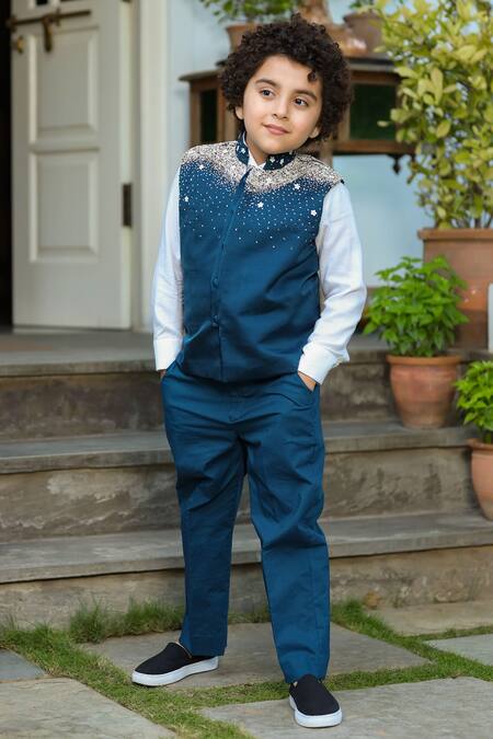 Littleens_Blue Satin, Cotton Embroidery Nehru Jacket _Online_at_Aza_Fashions