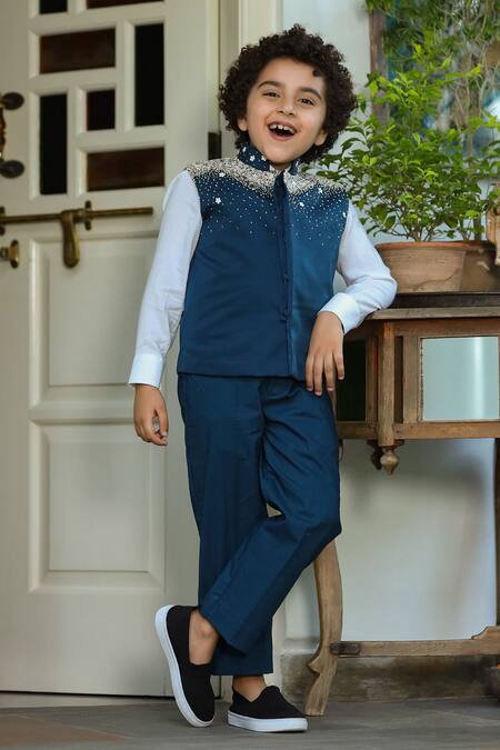 Buy_Littleens_Blue Satin, Cotton Embroidery Nehru Jacket _Online_at_Aza_Fashions