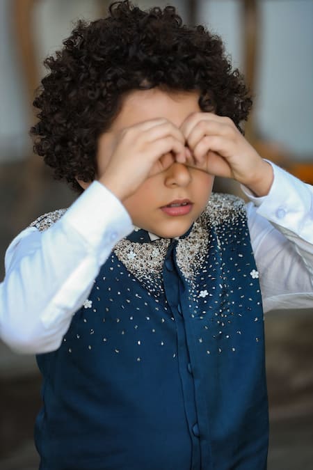 Littleens_Blue Satin, Cotton Embroidery Nehru Jacket _at_Aza_Fashions