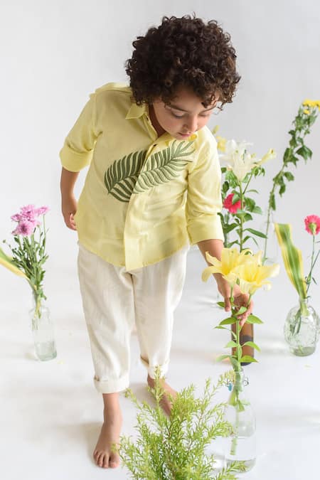 Shop Littleens Yellow Cotton Embroidery Shirt Online at Aza Fashions Shop_Littleens_Yellow Cotton Embroidery Shirt _Online_at_Aza_Fashions
