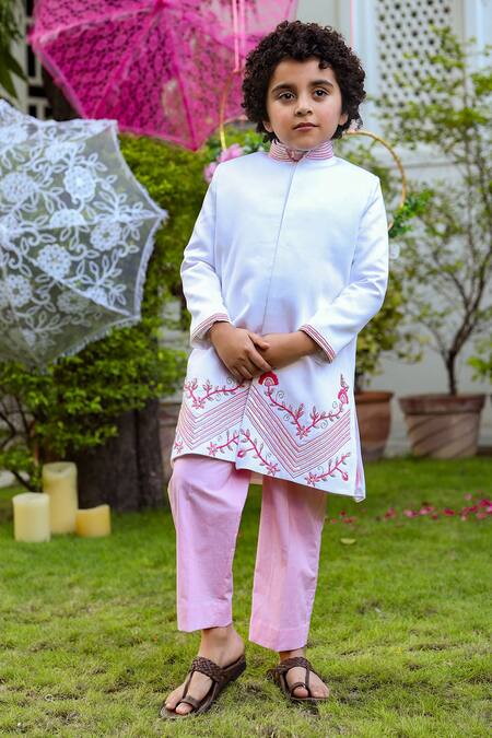 Littleens_Pink Velvet, Chanderi, Cotton Embroidery, Sequins Shafqat Sherwani Set _Online_at_Aza_Fashions