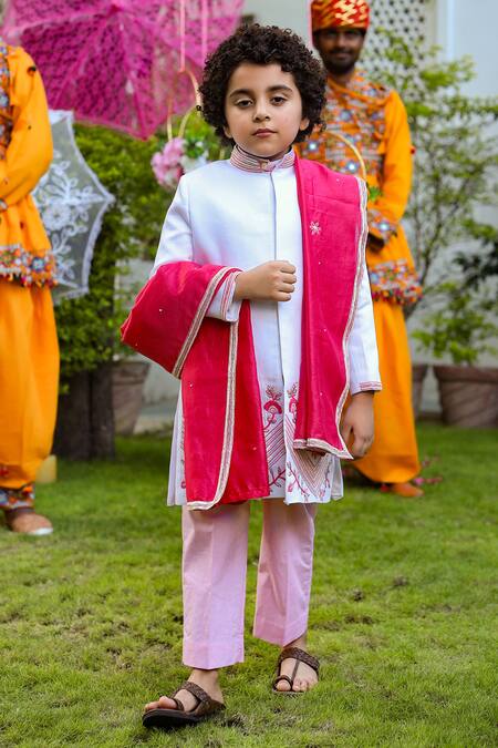 Buy_Littleens_Pink Velvet, Chanderi, Cotton Embroidery, Sequins Shafqat Sherwani Set _Online_at_Aza_Fashions