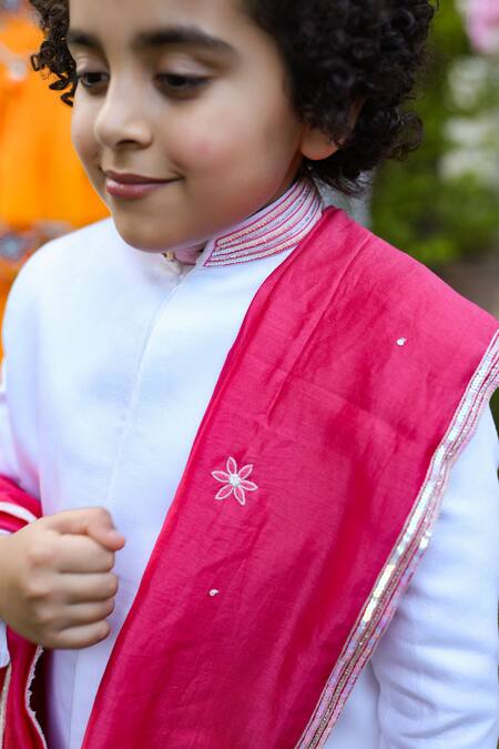 Shop_Littleens_Pink Velvet, Chanderi, Cotton Embroidery, Sequins Shafqat Sherwani Set _Online_at_Aza_Fashions