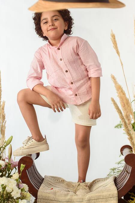 Littleens Pink Cotton Pintuck Shirt Online at Aza Fashions Littleens_Pink Cotton Pintuck Shirt _Online_at_Aza_Fashions
