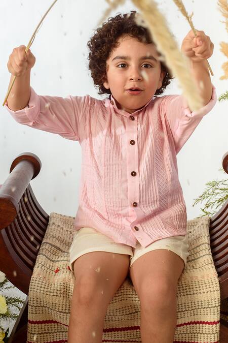 Buy Littleens Pink Cotton Pintuck Shirt Online at Aza Fashions Buy_Littleens_Pink Cotton Pintuck Shirt _Online_at_Aza_Fashions