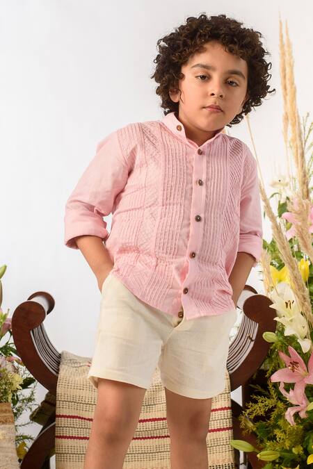 Shop Littleens Pink Cotton Pintuck Shirt Online at Aza Fashions Shop_Littleens_Pink Cotton Pintuck Shirt _Online_at_Aza_Fashions