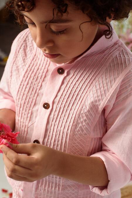 Littleens Pink Cotton Pintuck Shirt at Aza Fashions Littleens_Pink Cotton Pintuck Shirt _at_Aza_Fashions