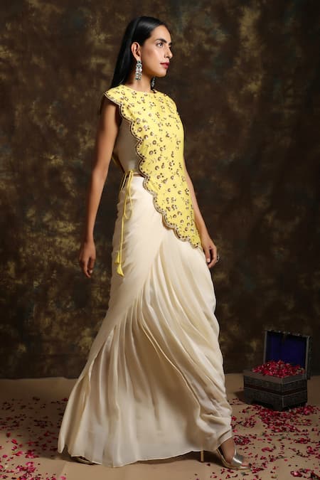 Niamh By Kriti Yellow Crepe, Silk Chanderi Cutdana Work, Embroidered Top And Draped Skirt Set Online at Aza Fashions Niamh By Kriti_Yellow Crepe, Silk Chanderi Cutdana Work, Embroidered Top And Draped Skirt Set _Online_at_Aza_Fashions