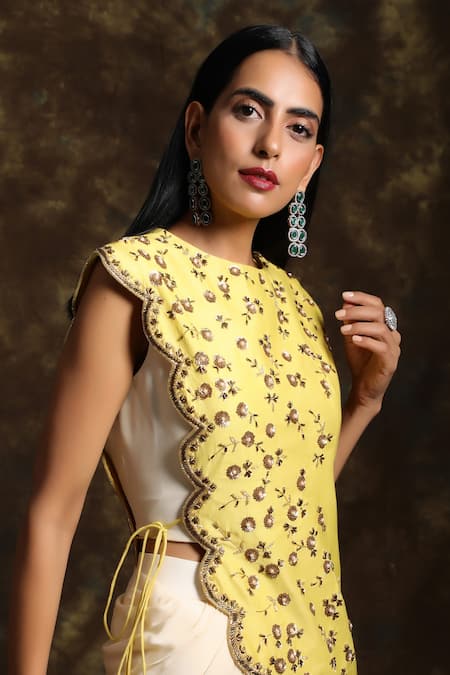 Buy Niamh By Kriti Yellow Crepe, Silk Chanderi Cutdana Work, Embroidered Top And Draped Skirt Set Online at Aza Fashions Buy_Niamh By Kriti_Yellow Crepe, Silk Chanderi Cutdana Work, Embroidered Top And Draped Skirt Set _Online_at_Aza_Fashions