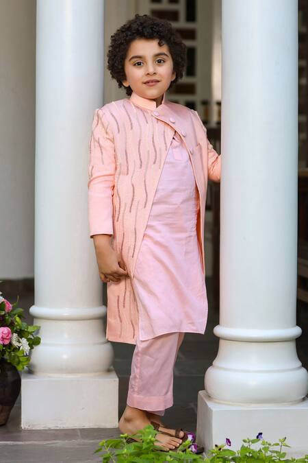 Littleens_Peach Satin, Velvet Embroidery Shabab Jacket And Kurta Set _Online_at_Aza_Fashions
