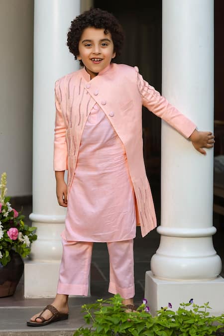 Buy_Littleens_Peach Satin, Velvet Embroidery Shabab Jacket And Kurta Set _Online_at_Aza_Fashions