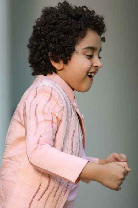 Shop_Littleens_Peach Satin, Velvet Embroidery Shabab Jacket And Kurta Set _Online_at_Aza_Fashions