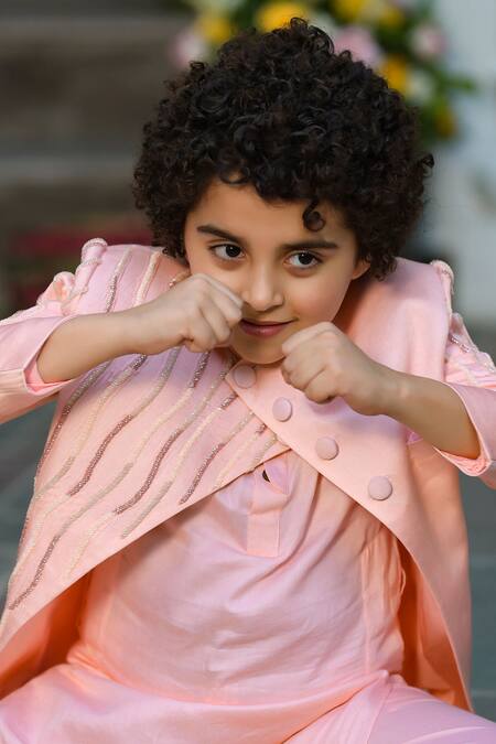 Littleens_Peach Satin, Velvet Embroidery Shabab Jacket And Kurta Set _at_Aza_Fashions
