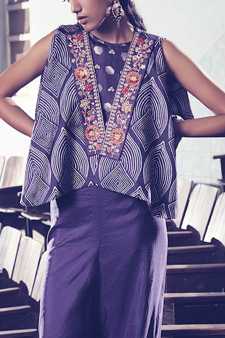 Shop Riraan Couture Purple Pure Silk Round Jacket And Palazzo Set at Aza Fashions Shop_Riraan Couture_Purple Pure Silk Round Jacket And Palazzo Set_at_Aza_Fashions