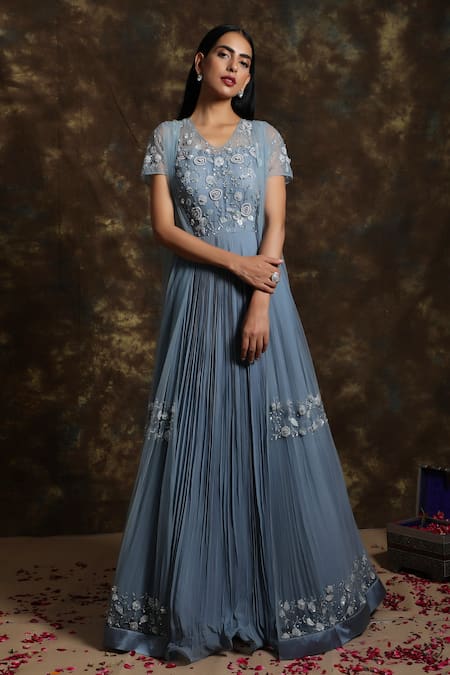 Niamh By Kriti_Blue Net, Georgette Resham Work V Neck Floral Embroidered Anarkali And Jacket Set _Online_at_Aza_Fashions