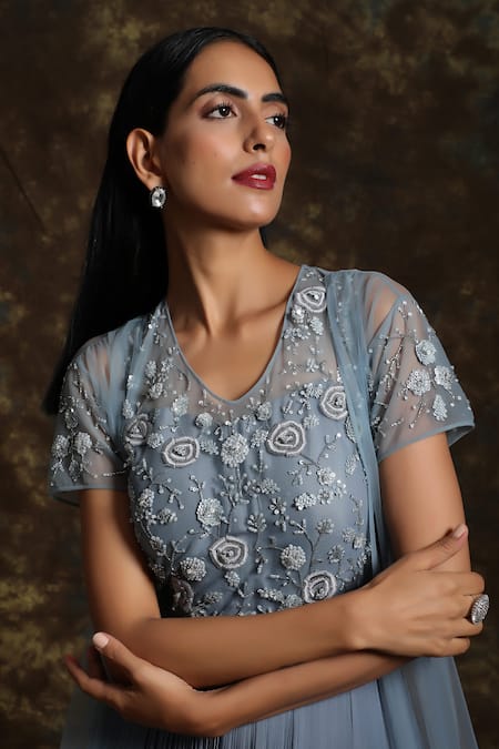 Buy_Niamh By Kriti_Blue Net, Georgette Resham Work V Neck Floral Embroidered Anarkali And Jacket Set _Online_at_Aza_Fashions