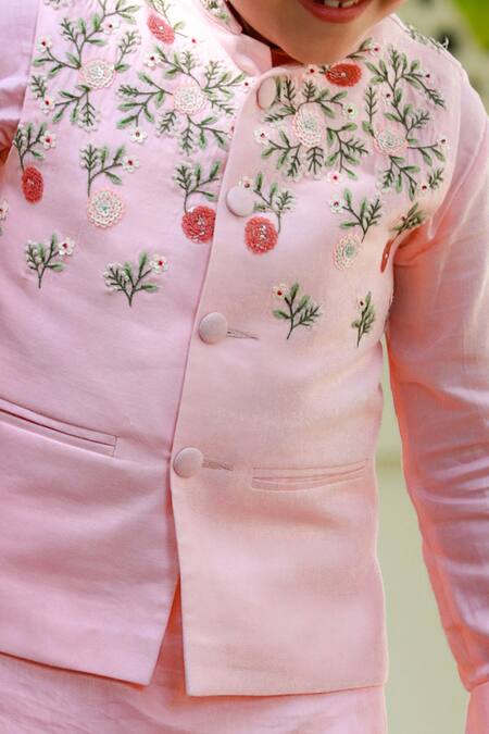 Buy Littleens Pink Velvet, Cotton Embroidery Floral Bundi And Kurta Set Buy_Littleens_Pink Velvet, Cotton Embroidery Floral Bundi And Kurta Set