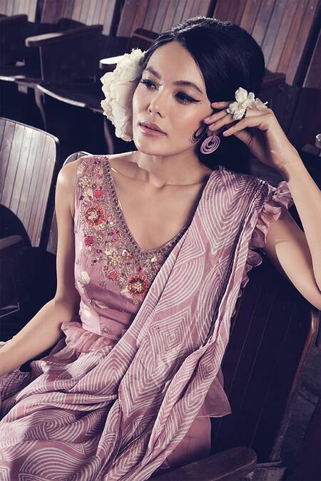 Buy_Riraan Couture_Pink Pure Silk V Neck Pant Set With Draped Dupatta_Online_at_Aza_Fashions