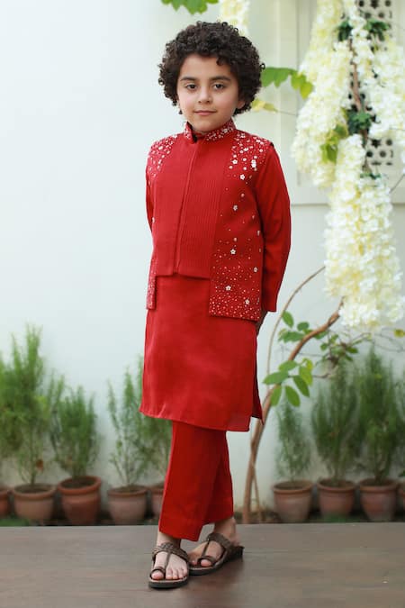 Littleens_Red Velvet, Cotton, Velour Embroidery Bundi And Kurta Set _Online_at_Aza_Fashions