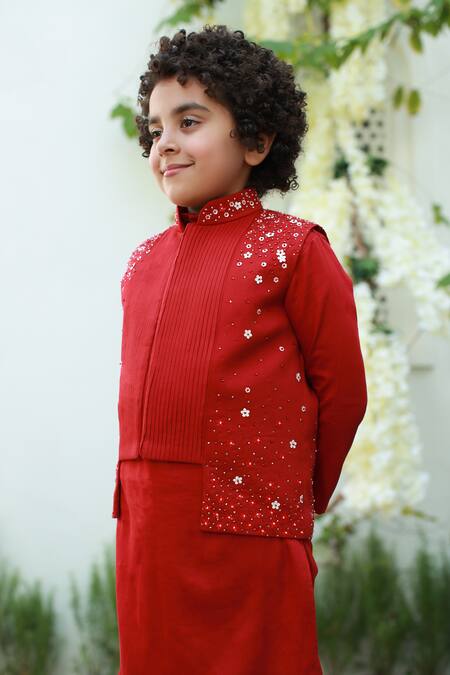 Shop_Littleens_Red Velvet, Cotton, Velour Embroidery Bundi And Kurta Set _Online_at_Aza_Fashions