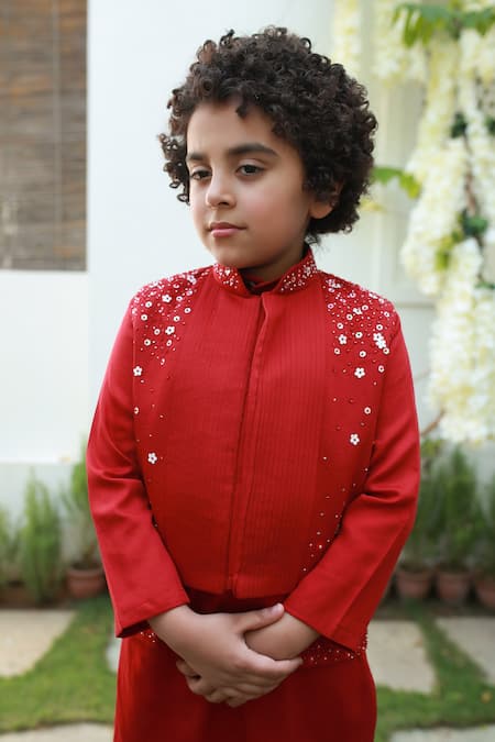 Littleens_Red Velvet, Cotton, Velour Embroidery Bundi And Kurta Set _at_Aza_Fashions