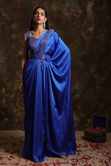 Niamh By Kriti_Blue Silk Satin Cutdana Work, Sequins Sweetheart Pre-draped Saree With Blouse _Online_at_Aza_Fashions
