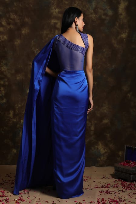 Shop_Niamh By Kriti_Blue Silk Satin Cutdana Work, Sequins Sweetheart Pre-draped Saree With Blouse _at_Aza_Fashions