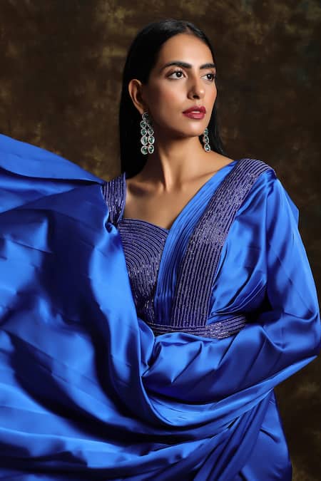 Buy_Niamh By Kriti_Blue Silk Satin Cutdana Work, Sequins Sweetheart Pre-draped Saree With Blouse _Online_at_Aza_Fashions