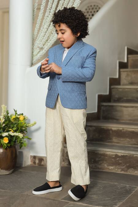 Shop_Littleens_Blue Cotton Embroidery Aghyaar Blazer And Trouser Set _Online_at_Aza_Fashions