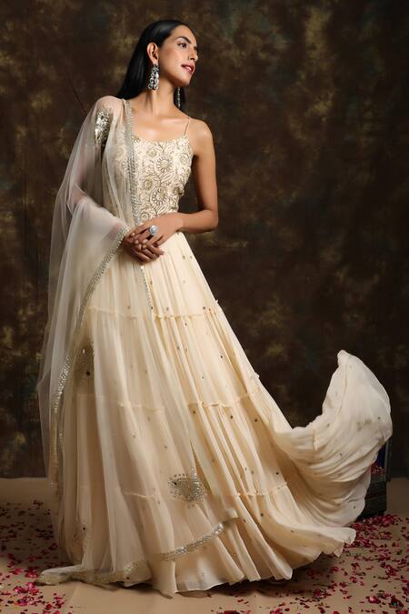 Niamh By Kriti_White Net, Georgette Mirror Work, Floral Embroidered Anarkali With Dupatta _Online_at_Aza_Fashions