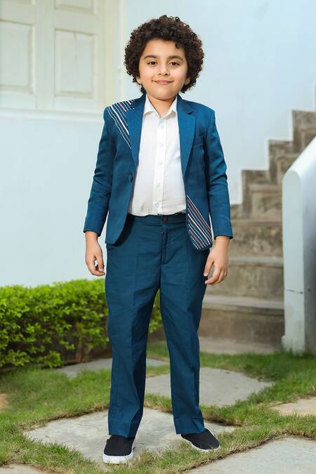 Littleens_Blue Satin Sequins Taabir Blazer And Trouser Set _Online_at_Aza_Fashions