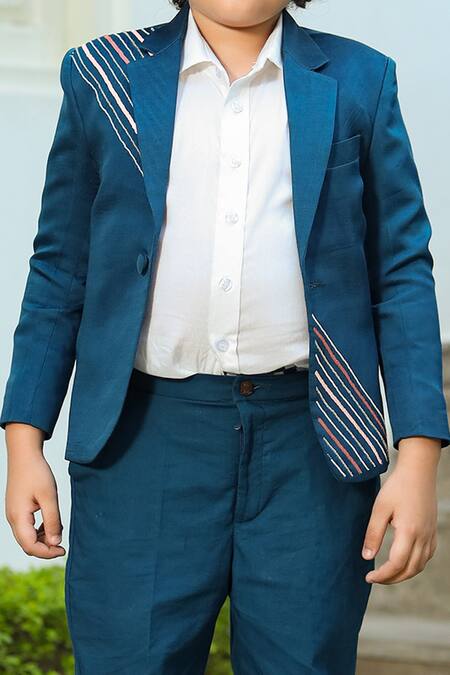 Shop_Littleens_Blue Satin Sequins Taabir Blazer And Trouser Set _Online_at_Aza_Fashions