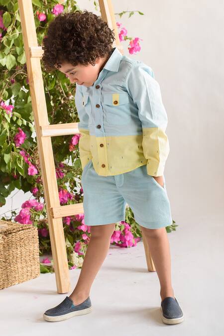 Littleens Blue Cotton Embroidery Colorblock Organic Shirt Online at Aza Fashions Littleens_Blue Cotton Embroidery Colorblock Organic Shirt _Online_at_Aza_Fashions