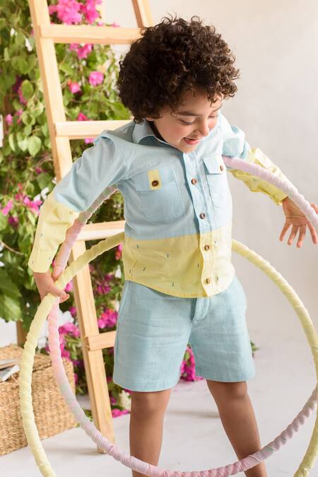 Buy Littleens Blue Cotton Embroidery Colorblock Organic Shirt Online at Aza Fashions Buy_Littleens_Blue Cotton Embroidery Colorblock Organic Shirt _Online_at_Aza_Fashions