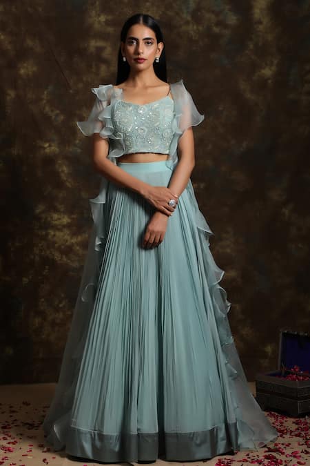 Niamh By Kriti_Green Georgette, Organza Silk Cutdana Work, Sequins V Ruffle Cape Lehenga Set  _Online_at_Aza_Fashions