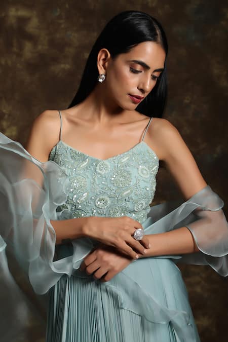 Buy_Niamh By Kriti_Green Georgette, Organza Silk Cutdana Work, Sequins V Ruffle Cape Lehenga Set  _Online_at_Aza_Fashions