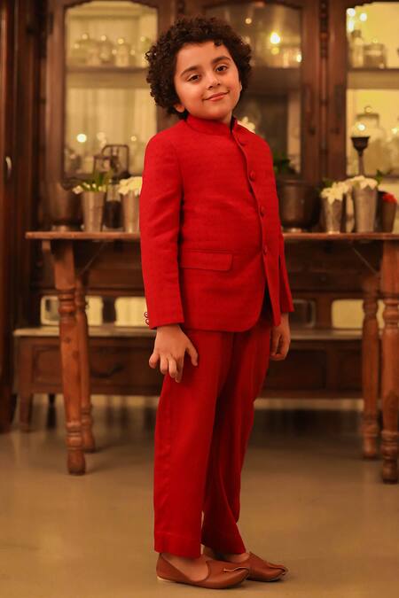 Littleens_Red Cotton Ikhtiyar Jodhpur Suit Set _Online_at_Aza_Fashions